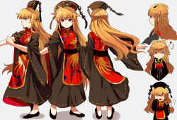 Rule 34 | 1girl, :d, alternate hairstyle, bad id, bad pixiv id, chinese clothes, dated, dress, dress shoes, flats, hair ornament, hair rings, hair stick, hat, highres, junko (touhou), long hair, long sleeves, multiple views, neck ribbon, no headwear, open mouth, orange hair, red eyes, ribbon, rolling sleeves up, sameya, sash, simple background, smile, tabard, tassel, touhou, wide sleeves