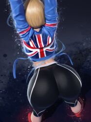 Rule 34 | 1girl, 3d, absurdres, ass, ass focus, blonde hair, blue jacket, boots, cammy stretch (meme), cammy white, from above, from behind, highres, huge ass, jacket, long sleeves, meme, pants, popogori, solo, street fighter, street fighter 6, stretching, thick thighs, thighs, tight clothes, tight pants, union jack, wide hips, yoga pants