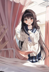 Rule 34 | 1boy, 1girl, absurdres, bed, black hair, black sailor collar, black skirt, blue bow, blush, bow, brown eyes, cardigan, collarbone, commentary request, curtains, highres, indoors, long hair, long sleeves, looking at viewer, open mouth, original, osana naruka, pentagon (railgun ky1206), pleated skirt, puffy long sleeves, puffy sleeves, sailor collar, school uniform, serafuku, skirt, sleeves past wrists, solo focus, sweat, very long hair, white cardigan