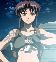 Rule 34 | 1girl, black lagoon, breasts, highres, purple hair, revy (black lagoon), smile, solo, standing, stitched, tattoo, third-party edit, underboob