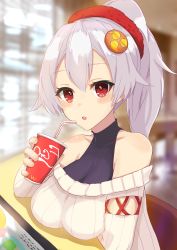 Rule 34 | 1girl, :o, absurdres, alternate costume, bare shoulders, bendy straw, breasts, commentary request, cross-laced clothes, cup, day, disposable cup, drinking, drinking straw, fate/grand order, fate (series), hair ornament, hair scrunchie, highres, holding, holding cup, indoors, large breasts, logo parody, long hair, long sleeves, looking at viewer, minami osu, mitsudomoe (shape), off-shoulder, off-shoulder sweater, open mouth, ponytail, red eyes, ribbed sweater, scrunchie, silver hair, sitting, sitting on table, solo, sweater, tomoe (symbol), tomoe gozen (fate), undershirt, wcdonald&#039;s