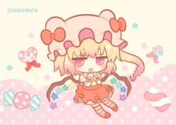 Rule 34 | 1girl, bad id, bad pixiv id, beige background, blonde hair, blush stickers, bow, candy, candy wrapper, chibi, fang, flandre scarlet, food, full body, hands up, hat, hat bow, heart, heart-shaped lollipop, lollipop, long hair, lowres, mashiro miru, mob cap, one side up, open mouth, pink hat, pleated skirt, polka dot, polka dot background, puffy short sleeves, puffy sleeves, purple eyes, red background, red bow, red footwear, red skirt, red vest, ringlets, shaped lollipop, short sleeves, sidelocks, skirt, solo, star (symbol), striped clothes, striped legwear, striped thighhighs, thighhighs, touhou, twitter username, two-tone background, very long hair, vest, wings, wrist cuffs