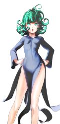 Rule 34 | 1girl, aqua eyes, black dress, breasts, curly hair, dress, feet out of frame, gorilla(1844~), green hair, hands on own hips, highres, long sleeves, one-punch man, open mouth, shadow, side slit, simple background, skin tight, small breasts, solo, tatsumaki, white background