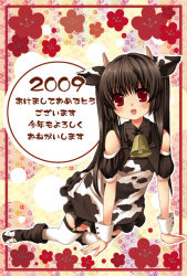 Rule 34 | 00s, 1girl, 2009, akeome, animal ears, animal print, bad id, bad pixiv id, bell, black hair, check translation, cow ears, cow print, cowbell, dress, female focus, full body, garter straps, happy new year, horns, kooh, long hair, new year, pangya, red eyes, ribbon, rubi-sama, solo, thighhighs, translation request, twintails, white thighhighs, wrist cuffs