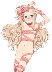 Rule 34 | 1girl, 2l (2lsize), arms up, blonde hair, blush, breasts, closed mouth, forehead, glasses, highres, long hair, looking at viewer, lying, naked ribbon, navel, nipple slip, nipples, nose blush, on back, original, pink ribbon, purple eyes, ribbon, round eyewear, semi-rimless eyewear, simple background, small breasts, solo, tareme, thick eyebrows, thighs, under-rim eyewear, very long hair, wavy hair, white background