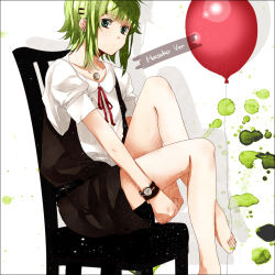 Rule 34 | 1girl, bad id, bad pixiv id, balloon, barefoot, between toes, earrings, feet, green eyes, green hair, green nails, gumi, hair ornament, hairclip, hatsuko, holding with feet, jewelry, matching hair/eyes, nail polish, plantar flexion, solo, vocaloid, watch, wristwatch