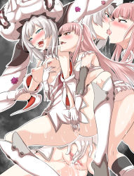 Rule 34 | 2girls, after kiss, blue eyes, grabbing another&#039;s breast, breasts, brown eyes, censored, clothed sex, clothes, fate/grand order, fate (series), fingering, french kiss, gloves, grabbing, grabbing from behind, highres, kiss, marie antoinette (fate), medb (fate), medium breasts, mokuseirokku, mosaic censoring, multiple girls, nipples, open clothes, open mouth, pink hair, pussy, pussy juice, rolling eyes, saliva, saliva trail, silver hair, tongue, tongue out, vaginal, yuri