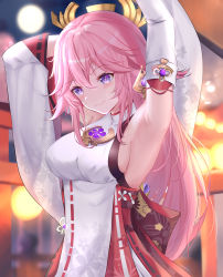 Rule 34 | 1girl, absurdres, animal ears, arm behind head, armpits, arms up, blurry, breasts, cherry blossoms, commentary request, depth of field, detached sleeves, earrings, fox ears, full moon, genshin impact, hair between eyes, hair ornament, highres, hisuka, japanese clothes, jewelry, long hair, looking away, miko, moon, night, night sky, pink hair, purple eyes, sideboob, sidelocks, sky, smile, solo, stretching, vision (genshin impact), wide sleeves, yae miko
