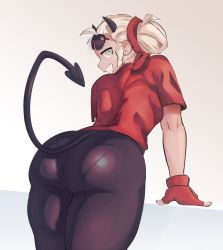 Rule 34 | 1girl, absurdres, ass, bent over, black pants, demon girl, demon horns, demon tail, fingerless gloves, from behind, gloves, grey eyes, hair bun, helltaker, highres, horns, huge ass, justice (helltaker), looking at viewer, looking back, luci-a, pants, pantylines, red shirt, shirt, short sleeves, simple background, smile, solo, sunglasses on head, tail, thick thighs, thighs, tight clothes, tight pants, white hair