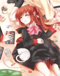 Rule 34 | 2girls, bow, brown hair, can, candy, cat, cat teaser, closed eyes, crayon, cup, drink can, food, highres, kamikita komari, karasumi (aiseec), lennon, little busters!, long hair, multiple girls, natsume rin, pink bow, ponytail, school uniform, sleeping, soda can