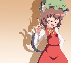 Rule 34 | 1girl, absurdres, animal ear fluff, animal ears, blush, bow, bowtie, breasts, brown background, brown hair, caipirinha (meme), cat ears, cat tail, chen, closed eyes, commentary request, cowboy shot, dress, drop shadow, earrings, fang, gold trim, hat, highres, index finger raised, jewelry, meme, mob cap, multiple tails, nekomata, open mouth, outline, red dress, seirudo, short hair, single earring, small breasts, smile, solo, tail, touhou, two tails, white outline, yellow bow, yellow bowtie