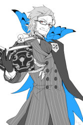 Rule 34 | 1boy, ascot, beard, blue theme, book, brown eyes, cape, cocorosso, cosplay, facial hair, fate/apocrypha, fate/grand order, fate (series), gloves, greyscale, hair slicked back, james moriarty (archer) (fate), james moriarty (archer) (fate) (cosplay), male focus, monochrome, mustache, pinstripe pattern, short hair, smile, solo, spot color, striped, upper body, william shakespeare (fate)