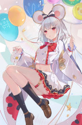 Rule 34 | 1girl, absurdres, animal, animal ears, ankle socks, ass, balloon, black socks, blouse, bow, bowtie, bridal garter, brooch, collared shirt, crop top, crop top overhang, fake animal ears, granblue fantasy, hair ornament, hairband, hairclip, heart, heart brooch, highres, holding, jewelry, loafers, long sleeves, looking at viewer, midriff, miniskirt, mouse (animal), mouse ears, navel, parted lips, pleated skirt, red eyes, serika, shirt, shoes, short hair, silver hair, skirt, socks, solo, thigh strap, vikala (granblue fantasy), white shirt, white skirt, wide sleeves
