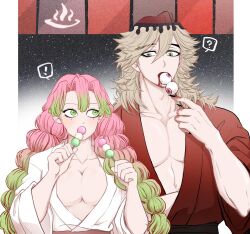 Rule 34 | !, 1boy, 1girl, ?, black hair, blonde hair, blood, blood on face, braid, breasts, cannibalism, cleavage, collarbone, dango, douma (kimetsu no yaiba), eating, eyeball, flipped hair, food, forked eyebrows, gradient background, gradient hair, green hair, hair between eyes, hand up, hands up, height difference, highres, holding, holding food, japanese clothes, kanroji mitsuri, kimetsu no yaiba, kimono, large breasts, light brown hair, long hair, long sleeves, looking at another, looking away, mole, mole under each eye, mole under eye, multicolored eyes, multicolored hair, multiple moles, noren, obi, onsen symbol, outside border, pectorals, pink hair, print hair, rainbow eyes, red hair, red kimono, sainn1129, sanshoku dango, sash, sideways glance, skewer, spoken exclamation mark, spoken question mark, text in eyes, two-tone hair, upper body, wagashi, white kimono