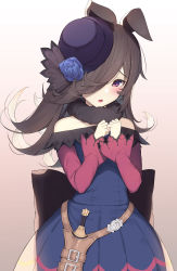 Rule 34 | 1girl, absurdres, animal ears, back bow, bare shoulders, black bow, blue dress, blue flower, blue hat, blue rose, blush, bow, brown background, brown hair, commentary request, dagger, dress, flower, gradient background, hair over one eye, hands up, hat, hat flower, highres, horse ears, knife, long hair, long sleeves, looking at viewer, off-shoulder dress, off shoulder, olive (laai), open mouth, own hands together, pleated dress, purple eyes, rice shower (umamusume), rose, sleeves past wrists, solo, tilted headwear, umamusume, weapon, white background, wide sleeves