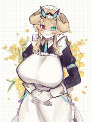 1girl absurdres apron barghest_(fate) barghest_(swimsuit_archer)_(fate) barghest_(swimsuit_archer)_(second_ascension)_(fate) black_dress blonde_hair blush breasts collared_dress dress fate/grand_order fate_(series) gloves green_eyes heterochromia highres horns huge_breasts long_sleeves looking_at_viewer maid maid_headdress medium_hair noa_pisces red_eyes smile solo white_apron white_gloves