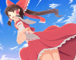 Rule 34 | 1girl, alternate hairstyle, beckoning, blush, bow, breasts, brown eyes, brown hair, cloud, day, detached sleeves, dress, female focus, from below, hair bow, hair tubes, hakurei reimu, japanese clothes, long hair, medium breasts, midriff, miko, momo no kanzume, no bra, open mouth, orange eyes, outdoors, outstretched arm, ponytail, red dress, sideboob, skirt, sky, smile, solo, touhou