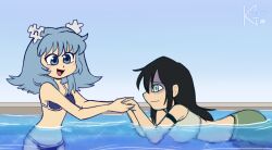 Rule 34 | black hair, blue eyes, blue hair, commission, highres, holding another&#039;s hand, nervous, partially submerged, pool, poolside, smile, strip poker night at the inventory, swimming, swimsuit, teacher and student, teaching, toph bei fong, water, wikipe-tan, zimmycup