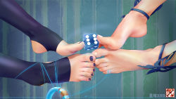 Rule 34 | 2girls, absurdres, anklet, barefoot, chinese commentary, close-up, dice, feet, feet on toy, feet only, foot focus, genshin impact, greek toe, highres, jewelry, multiple girls, nail polish, ningguang (genshin impact), ningguang (orchid&#039;s evening gown) (genshin impact), out of frame, paid reward available, purple nails, stirrup legwear, string, toeless legwear, toenail polish, toenails, toes, xhb, yelan (genshin impact)