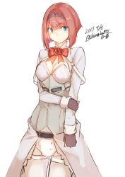 Rule 34 | 10s, 1girl, ark royal (kancolle), artist name, blue eyes, blunt bangs, bob cut, cleavage cutout, clothing cutout, cowboy shot, dated, fingerless gloves, gloves, hairband, hand on own arm, highres, kantai collection, long sleeves, looking at viewer, pantyhose, red hair, red ribbon, ribbon, shiragiku1991, short hair, simple background, solo, tiara, twitter username, white background, white pantyhose