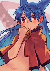 Rule 34 | 1girl, black capelet, blue hair, capelet, clothes writing, dragon tail, eyebrows hidden by hair, hair between eyes, hand up, highres, long hair, looking at viewer, multicolored capelet, naked capelet, navel, orange capelet, original, red eyes, red pupils, ringed eyes, rumie, solo, tail, tail raised, tiona