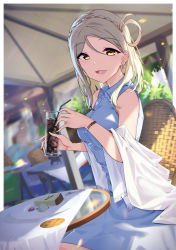 Rule 34 | 1girl, absurdres, artist name, artist request, bare shoulders, blonde hair, blush, braid, breasts, brown eyes, collared shirt, crown braid, cup, drinking glass, female focus, food, hair rings, highres, holding, holding drinking glass, looking at viewer, love live!, love live! sunshine!!, medium breasts, ohara mari, outdoors, parted lips, shirt, short hair, skirt, smile, solo, table, white shirt, white skirt, yamaori (yamaorimon), yellow eyes