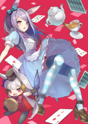 Rule 34 | 2girls, absurdres, alice (alice in wonderland), alice (alice in wonderland) (cosplay), alice in wonderland, animal ears, apron, black gloves, blue dress, blue thighhighs, bow, bowtie, brown footwear, card, chibi, commentary, cosplay, cup, dress, gloves, gold ship (umamusume), highres, holding, holding pocket watch, holding umbrella, horse ears, horse girl, horse tail, kettle, loafers, long hair, looking at viewer, mejiro mcqueen (umamusume), multiple girls, pink bow, pink bowtie, pocket watch, puffy short sleeves, puffy sleeves, purple eyes, purple hair, red dress, sashimi0gou, saucer, shoes, short sleeves, striped clothes, striped thighhighs, tail, teacup, thighhighs, umamusume, umbrella, watch, white apron, white rabbit (alice in wonderland), white rabbit (alice in wonderland) (cosplay)