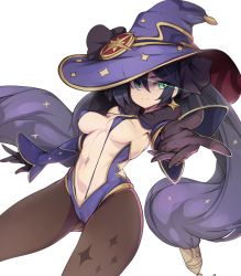Rule 34 | 1girl, aqua eyes, black hair, breasts, cape, cleft of venus, gem (symbol), genshin impact, gloves, hat, hat ornament, highres, long hair, medium breasts, mona (genshin impact), navel, one-piece swimsuit, pantyhose, purple cape, purple one-piece swimsuit, shiny skin, simple background, slingshot swimsuit, slugbox, solo, standing, swimsuit, thighlet, twintails, white background, witch hat, wizard hat