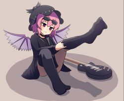 Rule 34 | 1girl, absurdres, adjusting clothes, adjusting legwear, alternate costume, bird wings, black choker, black hat, black thighhighs, choker, choujuu gigaku, closed mouth, commentary, commission, convenient leg, dressing, electric guitar, english commentary, eyewear on head, ferdy&#039;s lab, full body, guitar, hat, highres, instrument, mob cap, mystia lorelei, no shoes, outstretched leg, pink eyes, pink hair, short hair, sitting, smile, sock pull, solo, sunglasses, thighhighs, thighhighs pull, touhou, wings