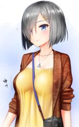Rule 34 | 10s, 1girl, ?, anchor necklace, bad id, bad twitter id, between breasts, blue eyes, breasts, camera, casual, eyes visible through hair, grey hair, hair ornament, hair over one eye, hairclip, hamakaze (kancolle), jewelry, kantai collection, kanzaki muyu, large breasts, necklace, pendant, short hair, smile, solo, strap between breasts, upper body