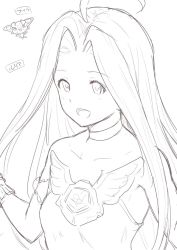 Rule 34 | 1girl, ahoge, breasts, dress, granblue fantasy, kiikii (kitsukedokoro), long hair, looking at viewer, lyria (granblue fantasy), monochrome, open mouth, simple background, smile, solo, very long hair, vyrn (granblue fantasy), white background