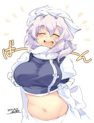 Rule 34 | 1girl, 2014, adapted costume, alternate costume, belly, blush, breasts, dated, eyebrows, closed eyes, hat, iroyopon, large breasts, letty whiterock, light purple hair, long sleeves, midriff, navel, open mouth, plump, puffy sleeves, ribbon, round teeth, shirt, short hair, simple background, skirt, smile, solo, teeth, text focus, thick eyebrows, touhou, turtleneck, white background