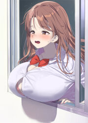 Rule 34 | 1girl, blush, bow, bowtie, breast rest, breasts, brown eyes, brown hair, button gap, commentary request, fingernails, huge breasts, kaisen chuui, long hair, nail polish, open mouth, original, red bow, red bowtie, red nails, shirt, solo, sweatdrop, upper body, white shirt, window