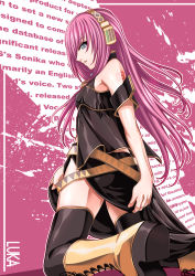 Rule 34 | 1girl, armband, belt, black thighhighs, blue eyes, boots, character name, english text, female focus, headphones, kneeling, long hair, long skirt, looking at viewer, looking back, looking to the side, megurine luka, parted lips, pink hair, serious, side slit, skirt, sleeveless, solo, sumi (joker), thighhighs, very long hair, vocaloid, yellow footwear