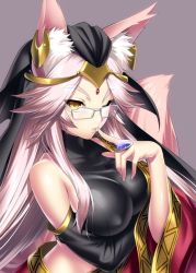 Rule 34 | 1girl, animal ear fluff, animal ears, bare shoulders, breasts, commentary request, earrings, fate/grand order, fate (series), fox ears, fox tail, glasses, grey background, indian clothes, indian style, jewelry, koyanskaya (fate), koyanskaya (indian lostbelt outfit) (fate), large breasts, lips, long hair, looking at viewer, one eye closed, parted lips, pink hair, pink tail, ring, simple background, sitting, solo, tail, tamamo (fate), teeth, veil, very long hair, yellow eyes, zen