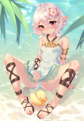 Rule 34 | 1girl, absurdres, antenna hair, arm support, armlet, blurry, blurry foreground, blush, breasts, brown footwear, collarbone, commentary request, covered navel, depth of field, elf, feet, flower, green one-piece swimsuit, hair between eyes, hair flower, hair ornament, highres, kokkoro (princess connect!), kokkoro (summer) (princess connect!), legs, looking at viewer, one-piece swimsuit, outdoors, parted lips, pink flower, pointy ears, princess connect!, red eyes, rubber duck, sandals, sgt-jz, short hair, sitting, small breasts, solo, spread legs, swimsuit, swimsuit skirt, toes, water, wet, white flower, white hair