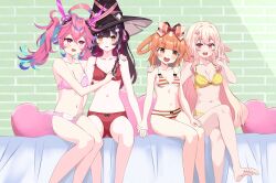 Rule 34 | 4girls, absurdres, animal ears, bed, bed sheet, belly, blush, blush stickers, bow, bra, breasts, commission, crossed legs, feet, feet out of frame, hand on another&#039;s chest, hand on another&#039;s shoulder, hat, highres, kiniro tofu, knee up, knees up, long hair, looking at another, lottie shinju, miuna usako, multicolored hair, multiple girls, navel, nebi nebu, open mouth, orange eyes, orange hair, panties, pillow, pink bra, pink eyes, pink hair, pink panties, pixellink, rabbit ears, raccoon ears, raki kazuki, red bra, red panties, ribbon, short hair, small breasts, smile, striped bra, striped clothes, striped panties, toes, twintails, underwear, underwear only, v, virtual youtuber, witch hat, yellow bra, yellow eyes, yellow panties