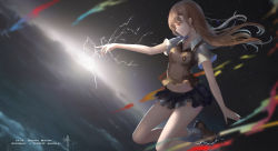 Rule 34 | 1girl, alternate hair length, alternate hairstyle, backlighting, bare legs, black skirt, brown eyes, brown footwear, brown hair, cable, closed mouth, collared shirt, copyright name, electricity, electrokinesis, emblem, from side, highres, kneehighs, loafers, long hair, midair, miniskirt, misaka mikoto, aged up, outstretched arm, profile, revision, school uniform, shirt, shoes, short sleeves, skirt, smile, socks, solo, sweater vest, toaru kagaku no railgun, toaru majutsu no index, wangchuan de quanyan, white socks, white shirt, wing collar