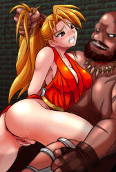 Rule 34 | 1boy, 1girl, 36shiri, anus, arms behind back, ass, bald, beard, blonde hair, blood, blurry, blush, breasts, brick wall, capcom, censored, clenched teeth, depth of field, eye contact, facial hair, final fight, genryuusai maki, grabbing another&#039;s hair, high ponytail, imminent rape, large breasts, long hair, looking at another, mosaic censoring, muscular, mustache, nipples, no bra, no panties, nose blush, pussy, pussy juice, red eyes, revealing clothes, running bond, scar, sideboob, sweat, teeth, tongue, tongue out