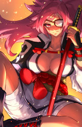 Rule 34 | 1girl, absurdres, arm guards, baiken, bandages, breasts, cleavage, embers, eyepatch, guilty gear, guilty gear xrd, highres, holding, holding sword, holding weapon, japanese clothes, katana, kimono, large breasts, long hair, looking at viewer, pink eyes, pink hair, ponytail, samurai, shaded face, sheath, sheathed, sitting, sword, ura dora, weapon
