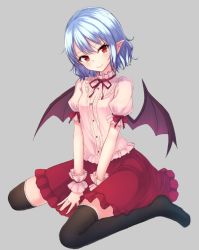 Rule 34 | &gt;:), 1girl, alternate costume, bat wings, between legs, black thighhighs, blue hair, blush, closed mouth, dress shirt, eyelashes, frilled shirt collar, frills, grey background, hair between eyes, hand between legs, junior27016, looking at viewer, no headwear, no headwear, no shoes, pointy ears, puffy short sleeves, puffy sleeves, red eyes, red skirt, remilia scarlet, shirt, short hair, short sleeves, sitting, skirt, smile, solo, thighhighs, touhou, tsurime, v-shaped eyebrows, v arms, wariza, white shirt, wings, wrist cuffs