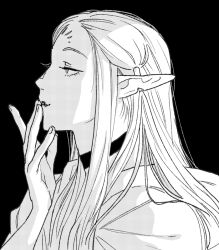 Rule 34 | 1girl, choker, cithis, dungeon meshi, elf, facepaint, facial mark, finger to mouth, forehead mark, from side, greyscale, hair tubes, hand up, hood, hood down, korean commentary, leeppyang, long hair, looking ahead, monochrome, parted bangs, pointy ears, portrait, profile, sidelocks, simple background, smile, solo