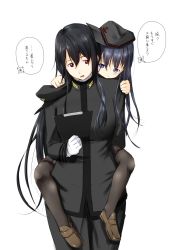 Rule 34 | 10s, akatsuki (kancolle), black hair, blue hair, brown eyes, carrying, clipboard, commentary request, female admiral (kancolle), gloves, grey eyes, hands on another&#039;s shoulders, hat, unworn hat, head on another&#039;s shoulder, unworn headwear, highres, holding, holding clothes, holding hat, kantai collection, long hair, military, military hat, military uniform, niwatazumi, open mouth, pantyhose, peaked cap, piggyback, shoes, tatebayashi sakurako, translation request, uniform