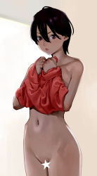 Rule 34 | 1girl, black hair, brown eyes, censored, covering privates, covering breasts, expressionless, hair between eyes, hands up, highres, inamitsu shinji, lipstick, looking at viewer, makeup, navel, nude, nude cover, original, paid reward available, red lips, red shirt, paid reward available, shirt, short hair, solo, standing, star censor, stomach, undressing