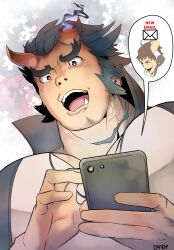 Rule 34 | 1boy, artist name, bara, black hair, broken horn, candycandie, crying, crying with eyes open, english text, facial hair, highres, holding, holding phone, horns, large pectorals, male focus, muscular, muscular male, open mouth, pectorals, phone, protagonist 4 (housamo), shirt, short hair, solo, takemaru (housamo), tears, thick eyebrows, tokyo houkago summoners, white shirt