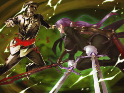 Rule 34 | 1girl, ass, black lilith, blood, boots, breasts, fighting, formal, game cg, gloves, jumping, kagami hirotaka, large breasts, lilith-soft, long hair, necktie, onmyou kishi towako, open mouth, purple hair, shiki reika, shoes, simple background, smile, suit, sword, weapon, yellow eyes, zombie