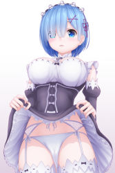 Rule 34 | 10s, 1girl, apron, bad id, bad pixiv id, bare shoulders, black dress, blue eyes, blue hair, breasts, cleavage cutout, clothes lift, clothing cutout, detached sleeves, dress, dress lift, eyes visible through hair, from below, garter belt, garter straps, groin, hair ornament, hair over one eye, large breasts, lingerie, long sleeves, looking at viewer, maid, open mouth, panties, parted lips, puffy long sleeves, puffy sleeves, re:zero kara hajimeru isekai seikatsu, rem (re:zero), short hair, solo, tapisuke, thighhighs, thighs, underwear, waist apron, white panties, white thighhighs, x hair ornament