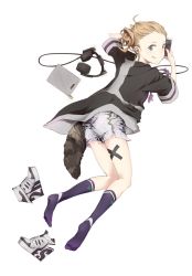 Rule 34 | 1girl, :q, ahoge, blue eyes, cellphone, drawing tablet, earrings, hair bun, headphones, headphones removed, highres, holding, holding phone, jewelry, light box, looking at viewer, looking back, lying, on stomach, original, phone, purple socks, shirt, shoes, unworn shoes, shorts, side bun, simple background, single side bun, smartphone, socks, solo, tail, tassel, tongue, tongue out, white background, x, yoshito