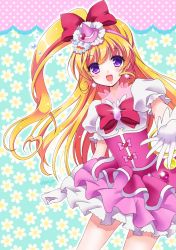 Rule 34 | 1girl, :d, asahina mirai, blonde hair, bow, brooch, cowboy shot, cure miracle, floral background, gloves, hair bow, hairband, half updo, hat, jewelry, long hair, looking at viewer, magical girl, mahou girls precure!, mini hat, mini witch hat, okayashi, open mouth, outstretched hand, pink bow, pink hat, pink skirt, ponytail, precure, purple eyes, red bow, signature, skirt, smile, solo, white gloves, witch hat