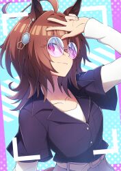 Rule 34 | 1girl, agnes tachyon (umamusume), ahoge, animal ears, arm up, belt, black shirt, brown hair, closed mouth, collared shirt, commentary request, earrings, gradient-tinted eyewear, grey pants, highres, horse ears, horse girl, jewelry, layered sleeves, long sleeves, looking at viewer, medium hair, messy hair, multicolored background, official alternate costume, pants, polka dot, polka dot background, red eyes, ruisuke, shirt, short over long sleeves, short sleeves, single earring, solo, sunglasses, umamusume, upper body, w, white belt, white shirt